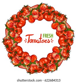 Vector round emblem of fresh tomatoes. Isolated on white background. 