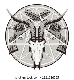 Vector round emblem with a goat skull on the background of pentagram and two old crossed revolvers. Banner on the theme of occultism, death and firearms. Template for clothing, t-shirt design, tattoo