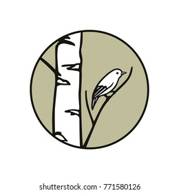 Vector round emblem with hand drawn bird sitting on a birch branch. Ink drawing, graphic style. Beautiful floral design elements.