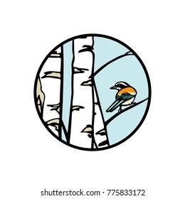 Vector round emblem with hand drawn bird sitting on a birch branch. Ink drawing, graphic style. Beautiful floral design elements.