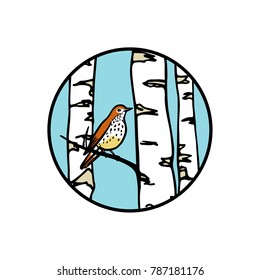 Vector round emblem with hand drawn bird sitting on a birch branch. Ink drawing, graphic style. Beautiful floral design elements.