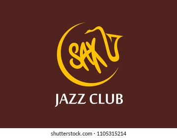 Vector Round emblem of Music Jazz Club with Sax silhouette and Caption. Vector Logo in flat style on dark background, EPS 10.