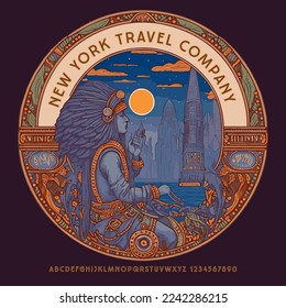 Vector round Emblem New York Travel Company with Native American. Decorative Alphabet Letters and Numbers set. Old fashioned Font
