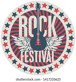 Vector round emblem for Rock Festival with an electric guitar, wings and stars. Template for flyers, stickers, banners, invitations, brochures and covers