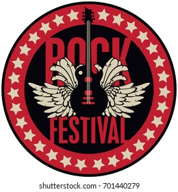 Vector round emblem for Rock Festival with an electric guitar, feathers, wings and stars