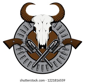 Vector round emblem with skull of bull, two old crossed revolvers and bullets. Banner on the theme of death, firearms and pistols. Template for clothing, t-shirt design, tattoo