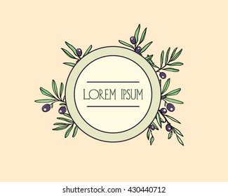 Vector round emblem template with hand drawn olive branches. Beautiful vector graphics for branding. Icons, badges and labels design.