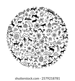 Vector round ethnic element, circular petroglyph pattern, rock paintings, naive art, vector design