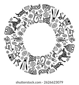 Vector round ethnic element, circular petroglyph pattern, rock paintings, naive art, vector design