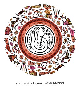 Image vectorielle ronde élément ethnique, pétroglyphes circulaires et motif géométrique, peintures rupestres, art naïf, création d'Images vectorielles