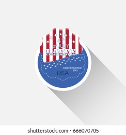 Vector round flat web element for Independence Day with blue pocket, insert with american flag and long shadow on the light gray background.