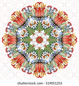 Vector round  floral design element. Style of Petrykivka - traditional Ukrainian decorative painting. Ornamental folk art. Beautiful flowers. Imitation of brush strokes