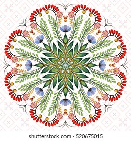Vector round  floral design element. Style of Petrykivka - traditional Ukrainian decorative painting. Ornamental folk art. Beautiful flowers. Imitation of brush strokes