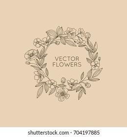 Vector round floral frame and background with copy space for text in trendy linear style - logo with flowers and leaves for wedding invitations, natural cosmetics packaging, vintage greeting cards