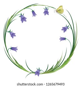 vector round floral frame with butterfly and blubells 
