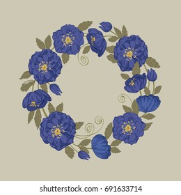 Vector round floral frame with elegant blue flowers of black onyx helleborus and a place for your text. Beautiful template with floral  wreath for wedding design, invitation or greeting card