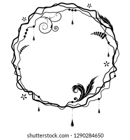 vector round floral frame with grass and drops in black and white colors
