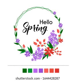 Vector round floral frame with hello spring text with beautiful flowers. Isolated spring floral illustration with lettering.