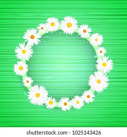 Vector round floral frame with lights effect on bright light green background. Shining banner with stars and glitter. Vector template