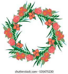 Vector round floral frame of red and white tropical flowers with green leaves isolated on white background