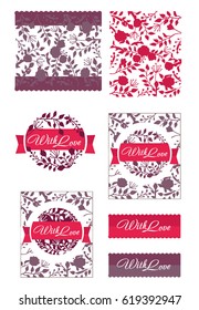 Vector round floral logos with vegetal background of red colors.