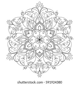 Vector round floral mandala. Hand drawn black vector contour of decorative ethnic mandala on white background. Illustration for coloring book or exotic henna tattoo.
