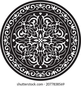 Vector round floral monochrome classic ornament. Greek meander. Patterns of Greece and ancient Rome. European border in a circle. White on black background
