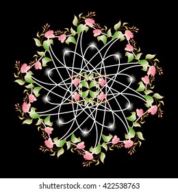  Vector round  floral pattern  isolated on black. Sacred geometry. Geometric design for textile t-shirt print, flyer and poster background. Futuristic illustration in bright saturated colors. 