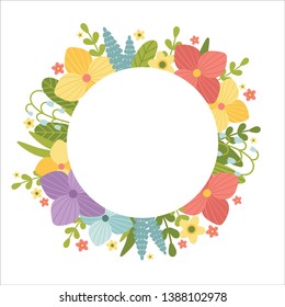 Vector round flower frame of bright colorful flowers, twigs and leaves on white background. Good for a photo or text
