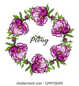 vector round flower wreath with flowers and peony leaves