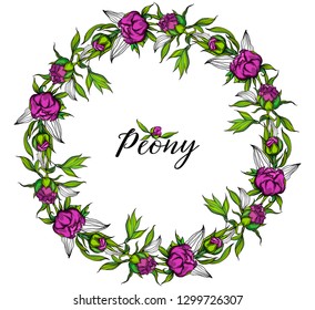 vector round flower wreath with flowers and peony leaves