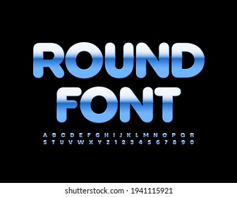 Fonte redonda vetorial. Alfabeto metálico azul. Letras e Números de prata brilhante definido
