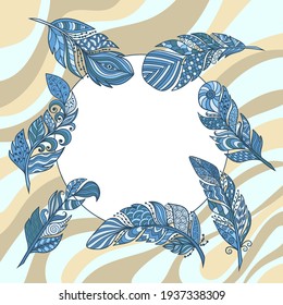 Vector round frame with abstract multicolored zenart-style feathers