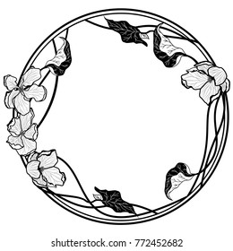 vector round frame with apple flowers in black and white