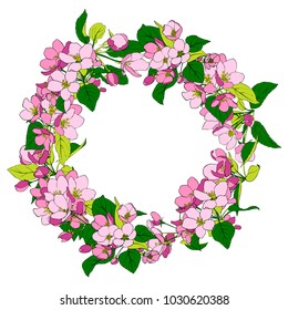 vector round frame with apple tree blossoms and leaves, hand drawn illustration