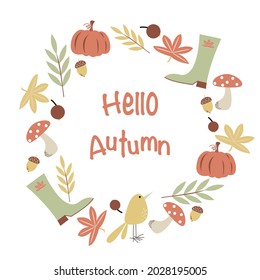 Vector round frame of autumn elements umbrella, boots, mushroom, bird, oak leave, pumpkin, acorn, isolated on white background for cute postcard, logo, invitations, greeting cards