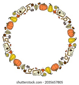 Vector round frame of autumn icons in yellow-orange tones.A border of a hand-drawn doodle-style pumpkin, leaves, mushrooms and acorns, a book, a magnifying glass, a magazine, leaves, with an empty 
