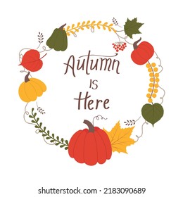 Vector round frame of autumn leaves and pumpkins. Autumn illustration for a postcard. 