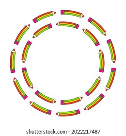 Vector round frame background with colorful pencils. Concept for art classes invitations, back to school poster prints. 
