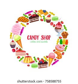 Vector round frame banner confectionery and sweets icons. Donut and cotton candy, muffin, waffles, biscuits and jelly. Dessert, lollipop, ice cream with candied, macaron and pudding.