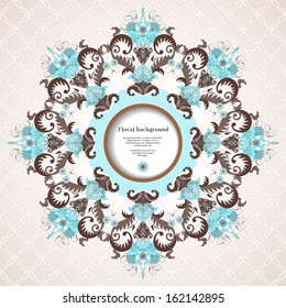 Vector round frame. Beautiful floral pattern in vintage style. Seamless simple delicate ornament and place for your text. Perfect for greetings, invitations or announcements