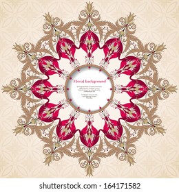 Vector round frame. Beautiful floral pattern in vintage style.  Flowers with leaves and berries. Seamless simple delicate ornament and place for your text. Perfect for greetings, invitations