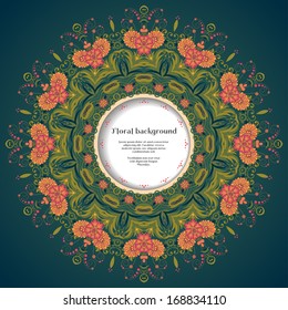 Vector round frame. Beautiful floral damask pattern in vintage style. Bright colors and dark background. 