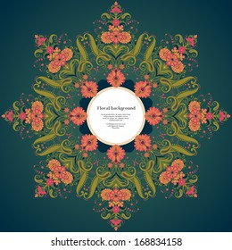 Vector round frame. Beautiful floral damask pattern in vintage style. Bright colors and dark background. 