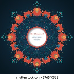 Vector round frame. Beautiful round floral pattern. Imitation watercolor gradients and place for your text. Bright colors and dark background. Perfect for greetings, invitations or announcements