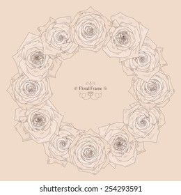 Vector round frame with beautiful roses. Place for text. Can be used as postcard, illustration