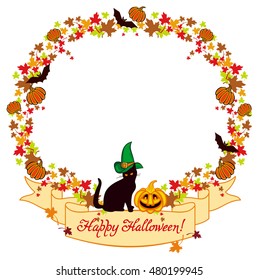 Vector round frame with a black cat in witch hat, pumpkin, maple leaves and  hand drawn greeting text "Happy Halloween!". Original custom design element for greeting cards, invitations, prints.