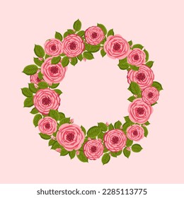 Vector round frame with blooming roses. Floral illustration for postcard, poster, invitation decor etc. Flowers for spring and summer holidays.