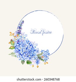 Vector round frame of blue hydrangea and other flowers. Watercolor wreath. Can be used as a greeting card for background of Valentine's day, birthday, mother's day or any other design