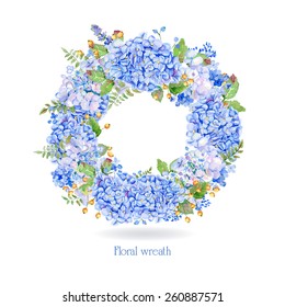 Vector round frame of blue watercolor hydrangea and berries. Illustration wreath of flowers. Can be used as a greeting card for Valentine's day, birthday, mother's day and so on